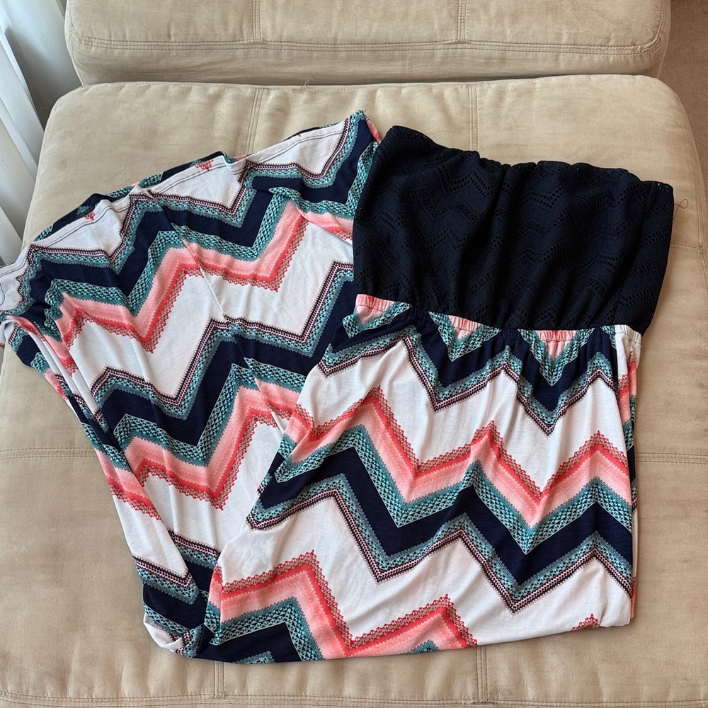 Chevron Strapless Maxi Dress Navy Blue Cinched Waistband size Medium